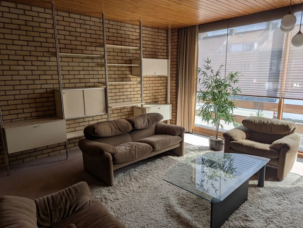 Zichtbare bakstenen binnenwand, houten plafond en wandmeubel in de zithoek